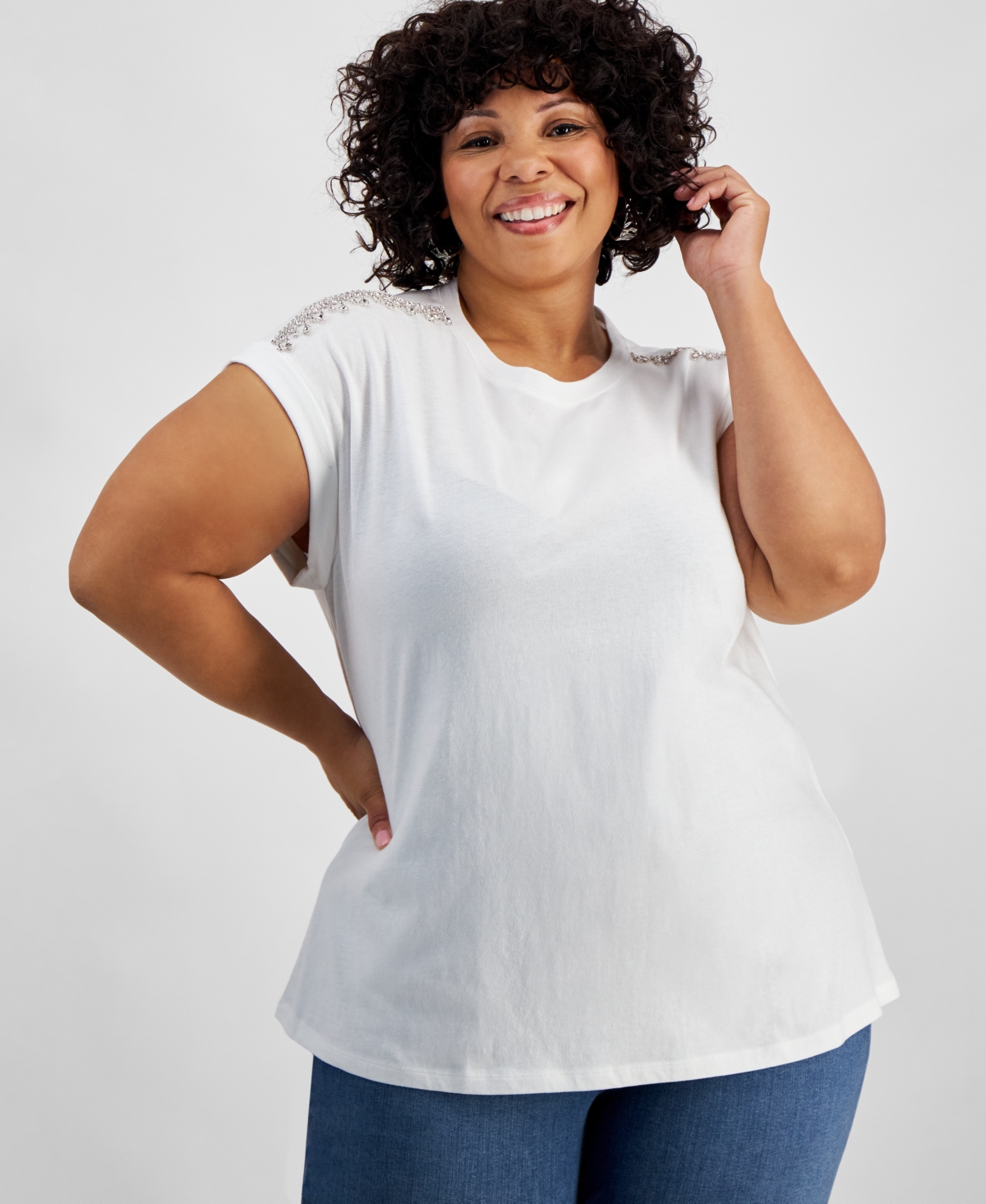 Inc International Concepts Plus Size Cotton Embellished T-shirt, Created For Macy's In Bright White