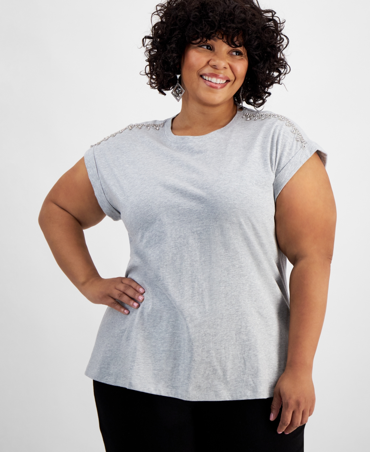 Inc International Concepts Plus Size Cotton Embellished T-shirt, Created For Macy's In Heather Belle Grey