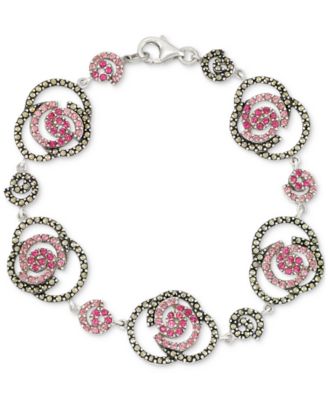 Macy's - Marcasite (2-1/6 ct. t.w.) & Pink Cubic Zirconia Rose Link Bracelet in Sterling Silver