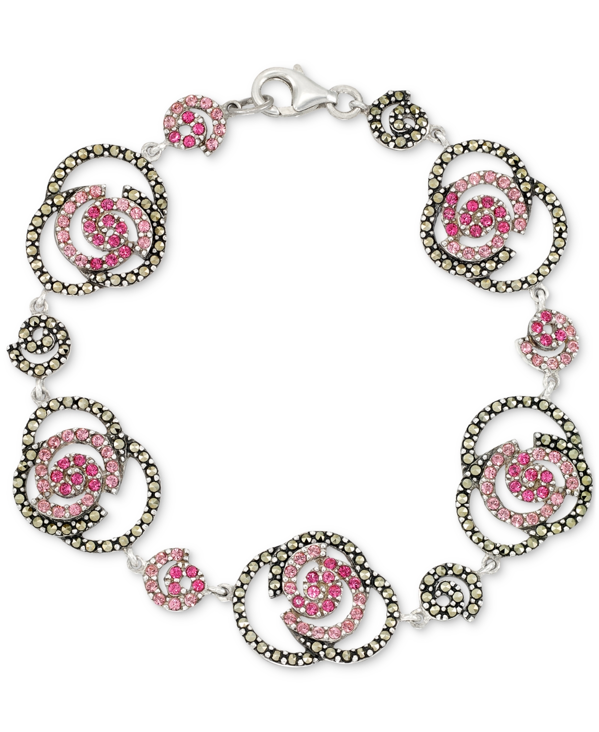 Macy's Marcasite (2-1/6 Ct. T.w.) & Pink Cubic Zirconia Rose Link Bracelet In Sterling Silver