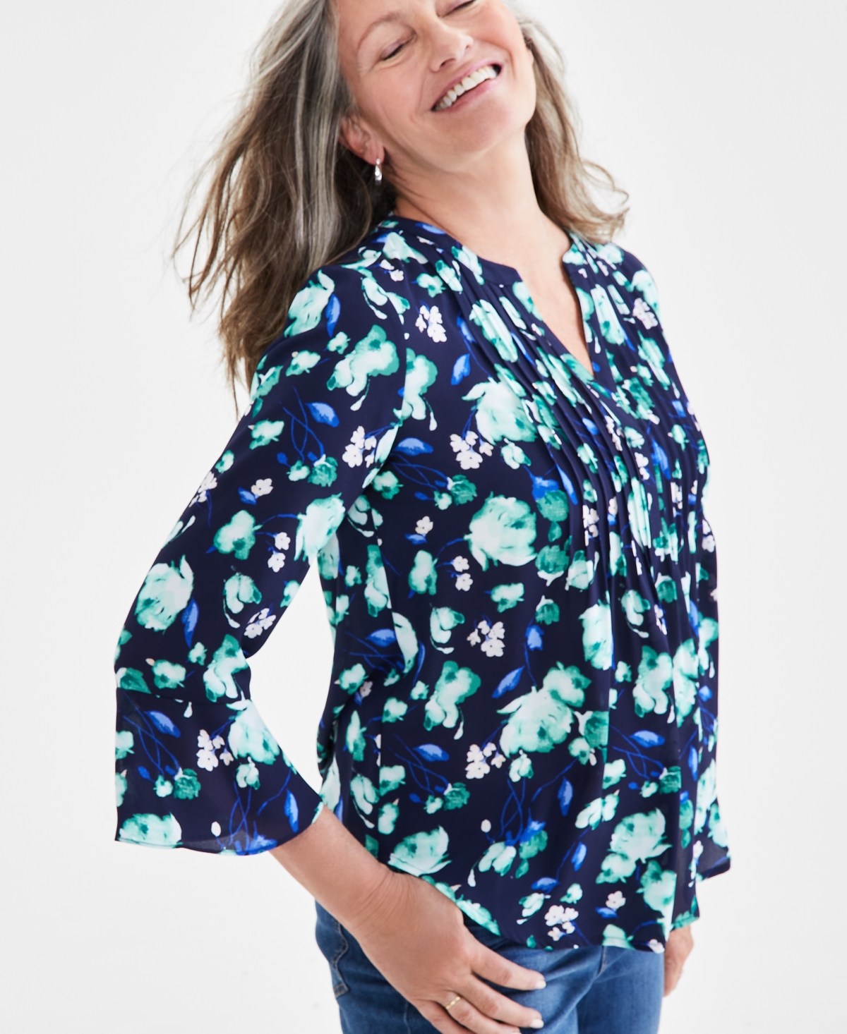 Style & Co Women's Printed Pintuck Ruffle Sleeve Top, Regular & Petite, Created for Macy's