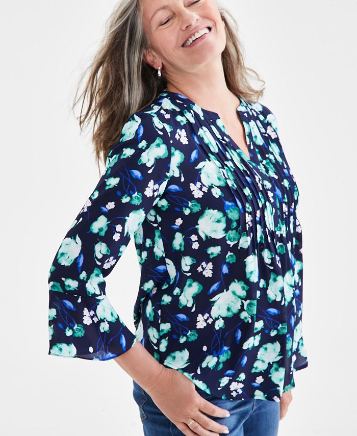 Style & Co Long-Sleeve Pintuck Top Green Size L main image 1