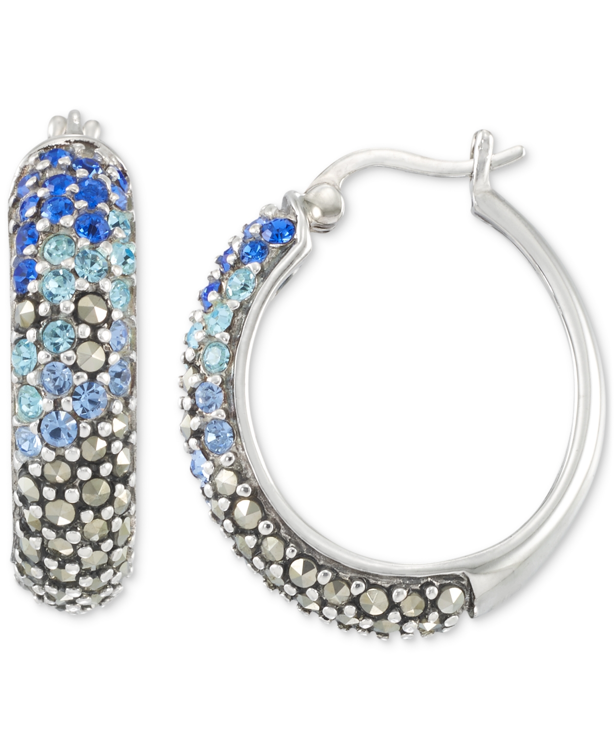 Macy's Marcasite (3/4 Ct. T.w.) & Aqua Crystal Oval Hoop Earrings In Sterling Silver