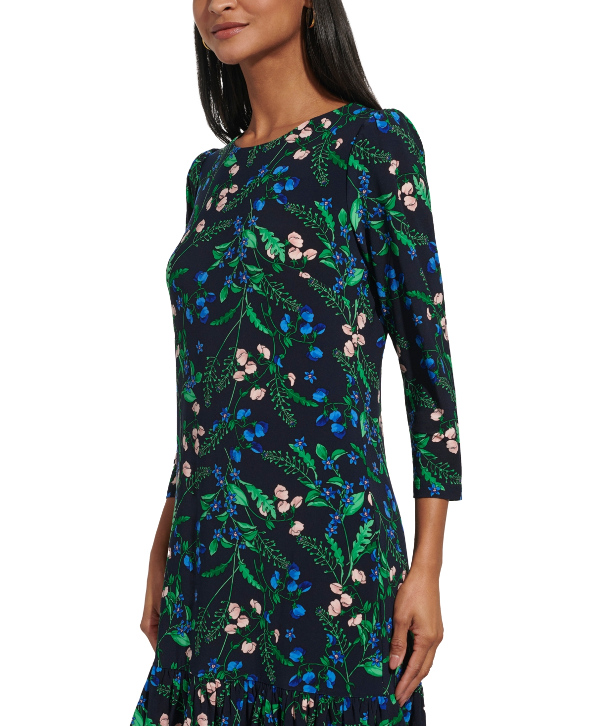 Tommy Hilfiger Women's 3/4-sleeve Ruffle-hem Dress In Jolly Green Multi