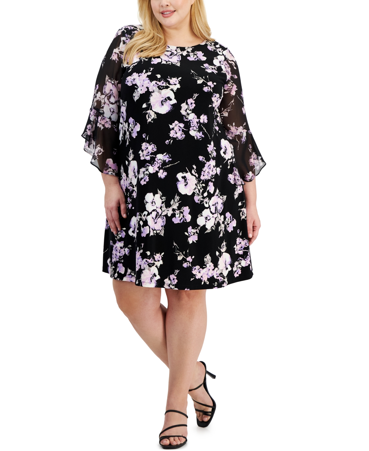 Kasper Plus Size Floral 3/4-sleeve Shift Dress In Black,lavender Mist Multi