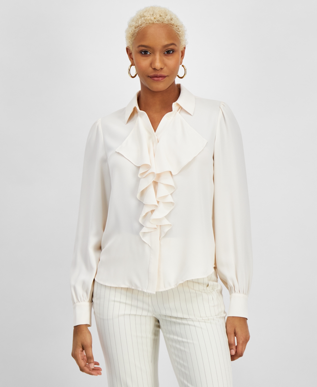 Bar Iii Women's Ruffle-front Blouse, Created For Macy's In Bar White