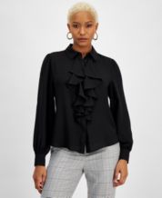 Alfani Womens Colorblock Ruffle Sleeves Blouse Black-Ivory 0X at   Women's Clothing store