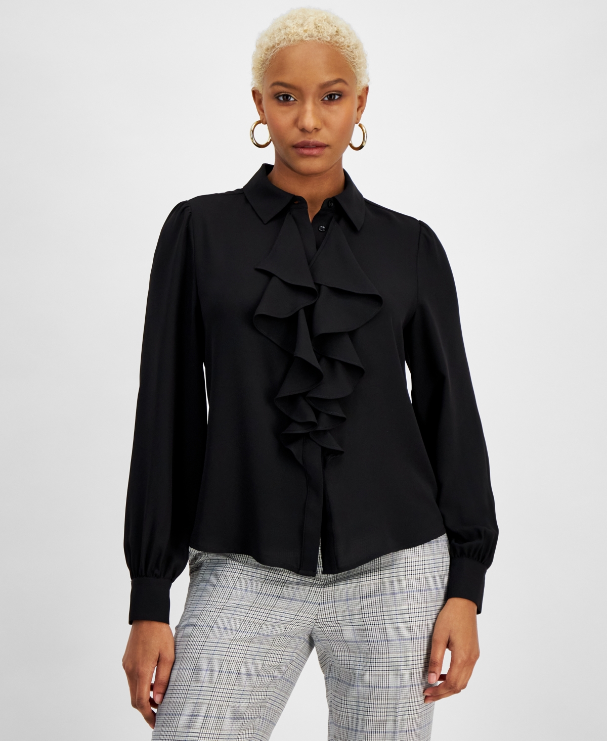 Bar Iii Women's Ruffle-front Blouse, Created For Macy's In Black