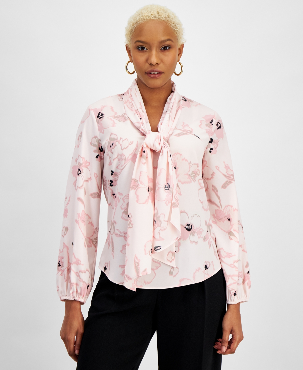 Bar Iii Women's Floral-print Bow Blouse, Created For Macy's In Rosebud Multi