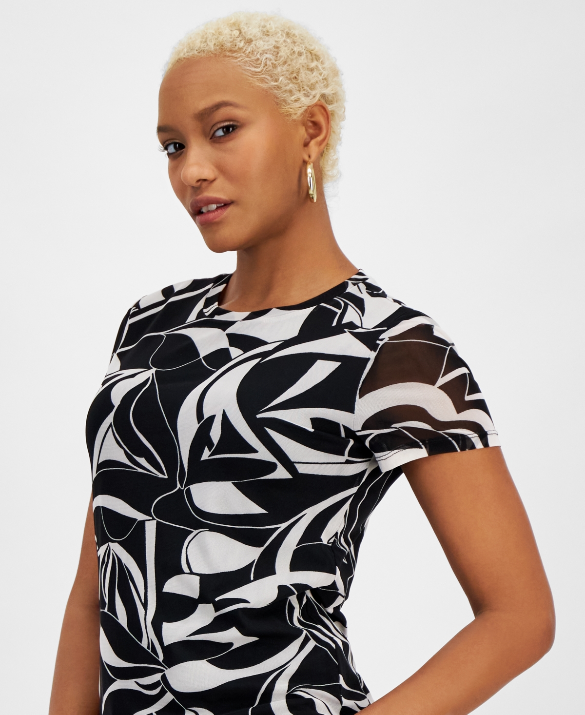 Shop Bar Iii Women's Abstract-print Mesh Top, Created For Macy's In Black,bar White