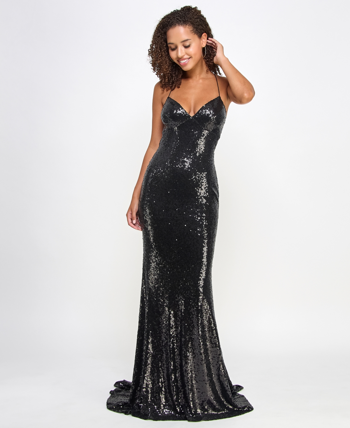 Juniors' Sequined Strappy-Back Evening Gown - Black
