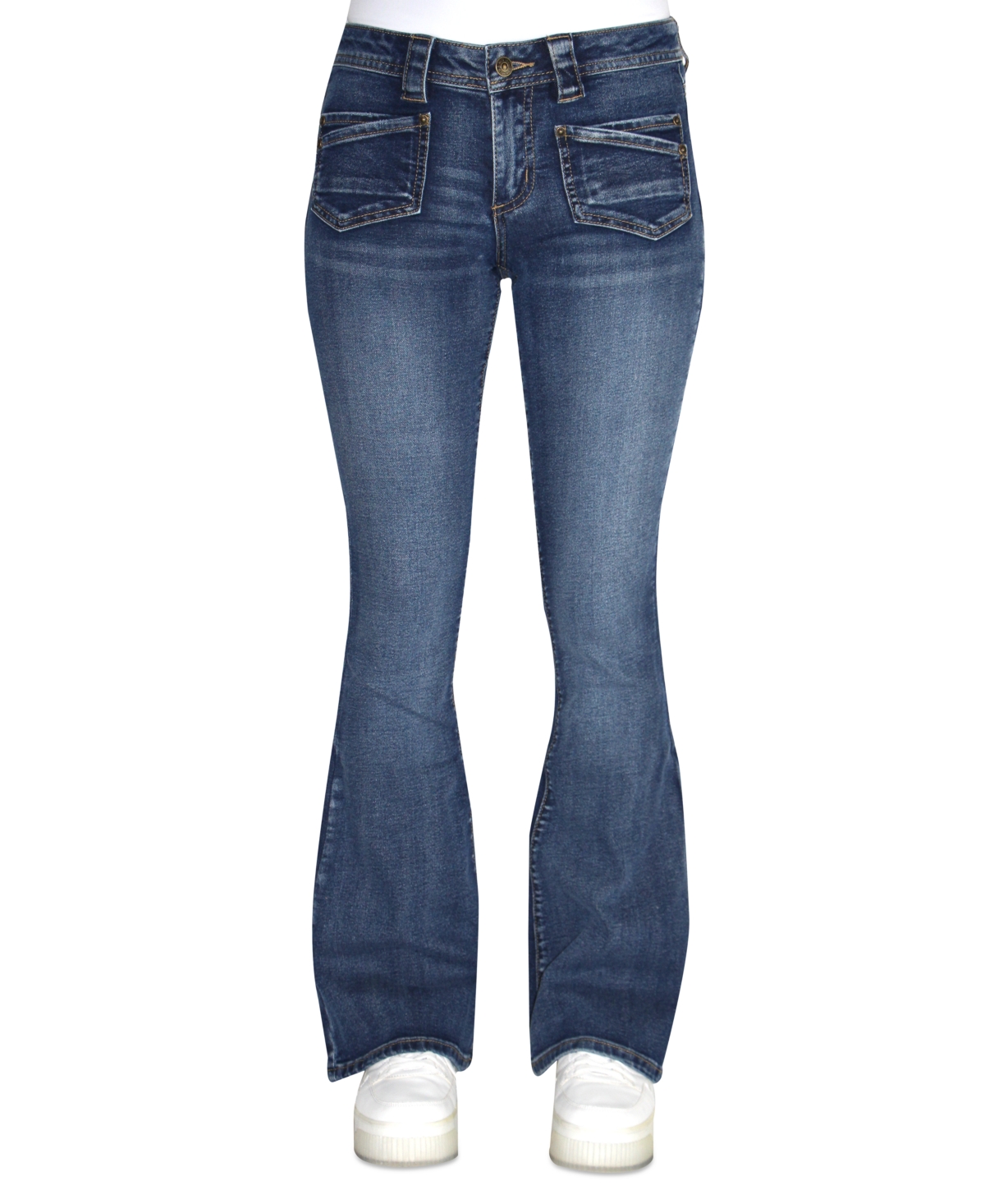 Crave Fame Juniors' Faded Patch-Pocket Flare-Leg Denim Jeans - Dark Wash