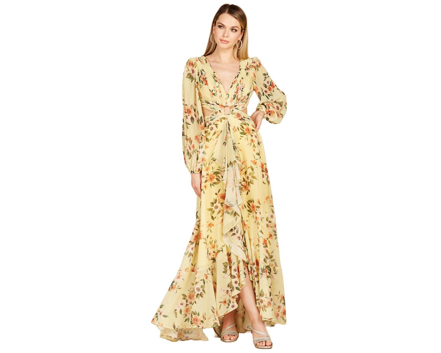 Women's Long Sleeve V-Neck, Layered Skirt Print Dress