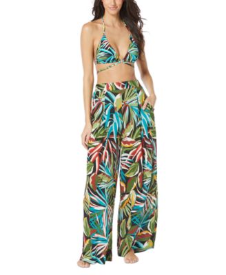 Womens Printed Ring Strappy Bikini Top Wide Leg Cover Up Pants