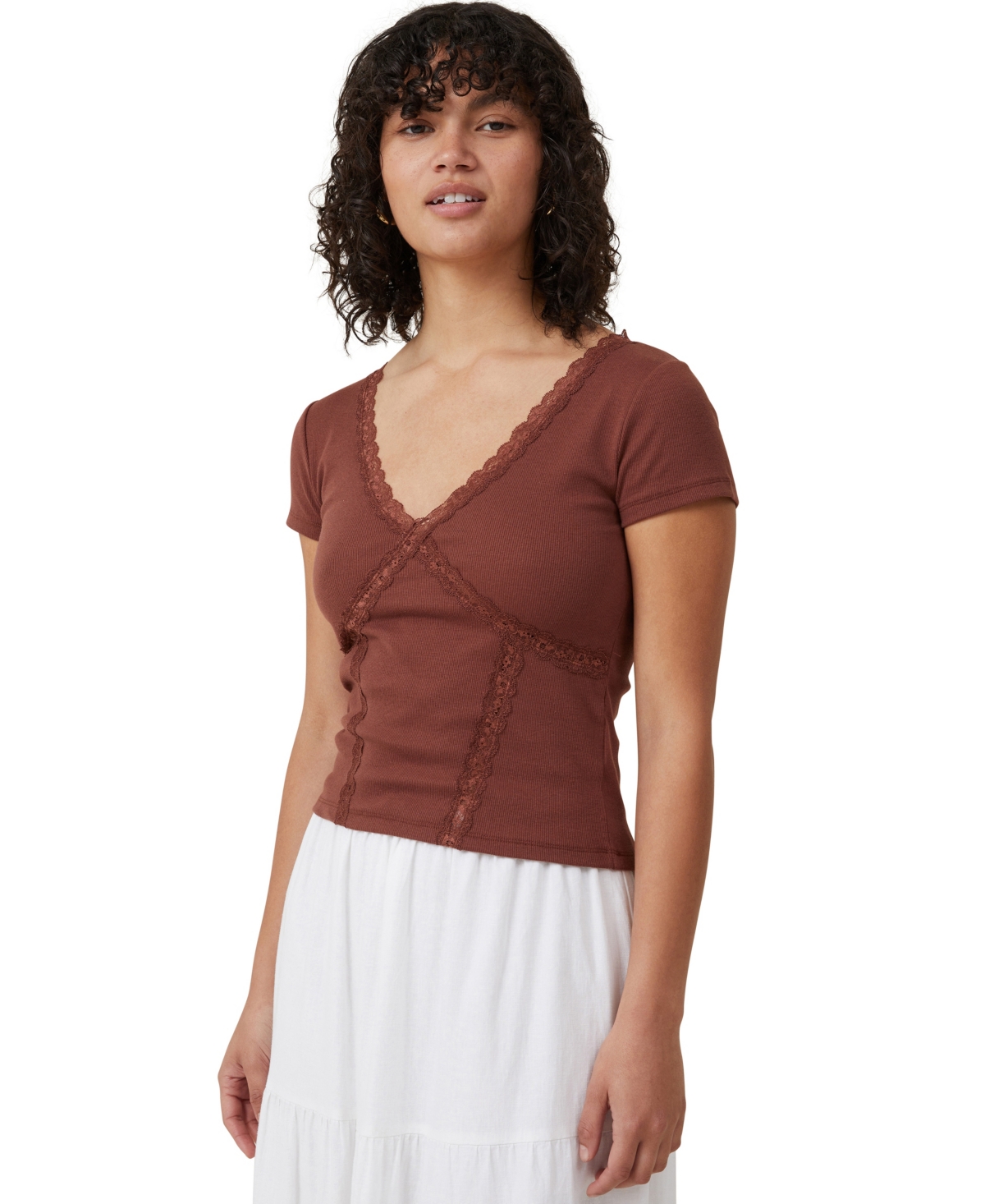 Shop Cotton On Women's Daisy Lace Trim T-shirt In Bottle Brown