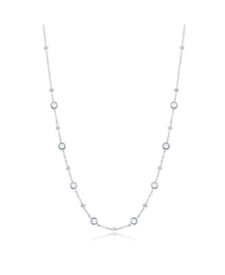 Sterling Silver Bezel-Set CZ & Bead Station Necklace (White, Green, Blue, Or Red)