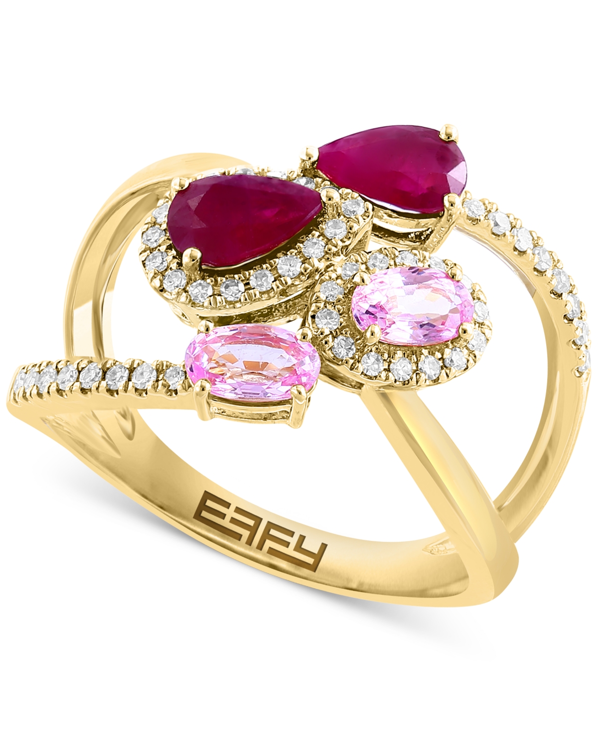 Effy Pink Sapphire (1/2 ct. t.w.), Ruby (7/8 ct. t.w.), & Diamond (1/4 ct. t.w.) Crossover Statement Ring in 14k Gold - Yellow Gold