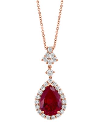 EFFY&reg; Lab Grown Ruby (7-1/8 ct. t.w) & Lab Grown Diamond (1 ct. t.w.) Pear Halo 18" Pendant Necklace in 14k Rose Gold
