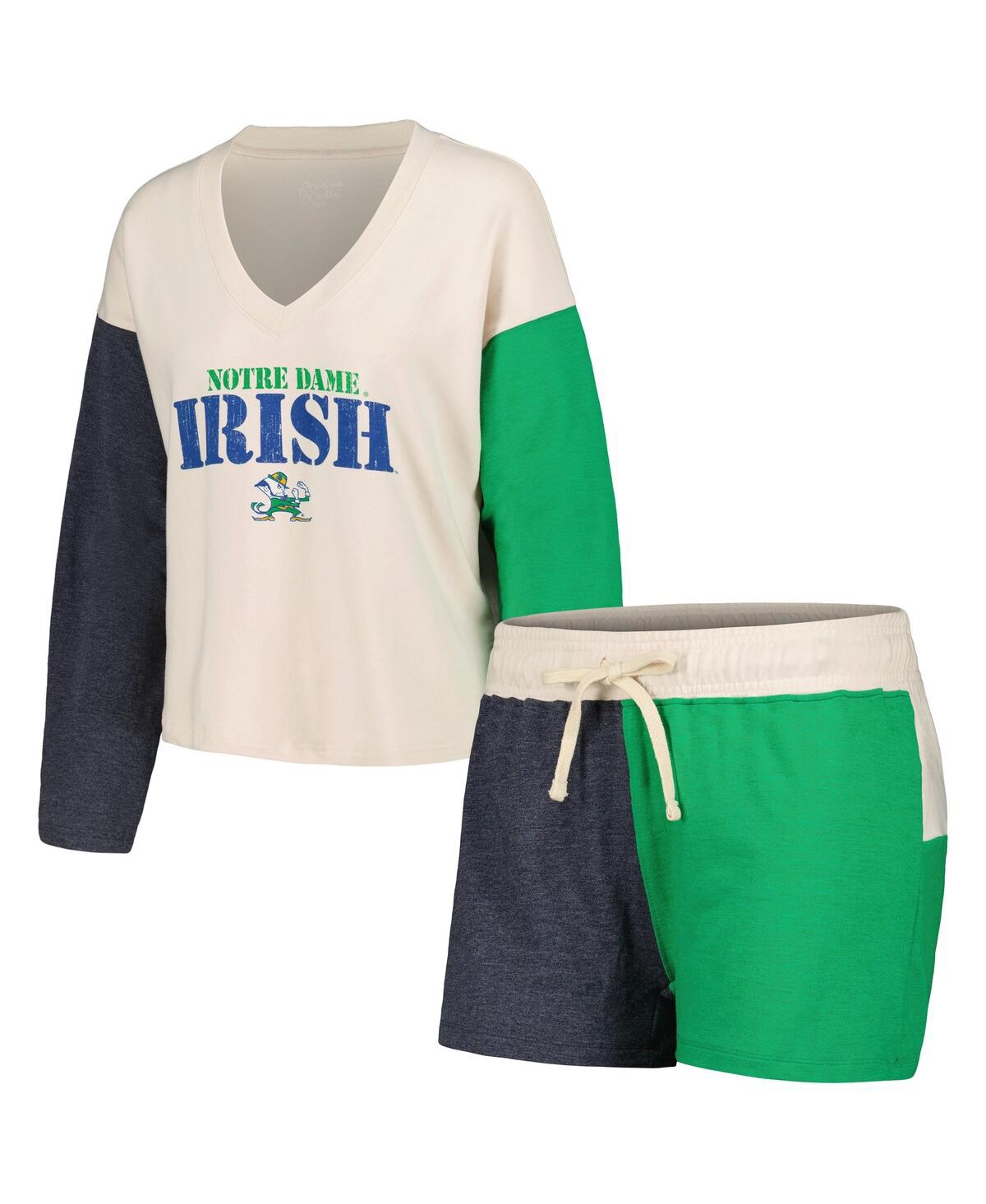 Women's Wes & Willy Cream Distressed Notre Dame Fighting Irish Colorblock Tri-Blend Long Sleeve V-Neck T-shirt and Shorts Sleep Set - Cream