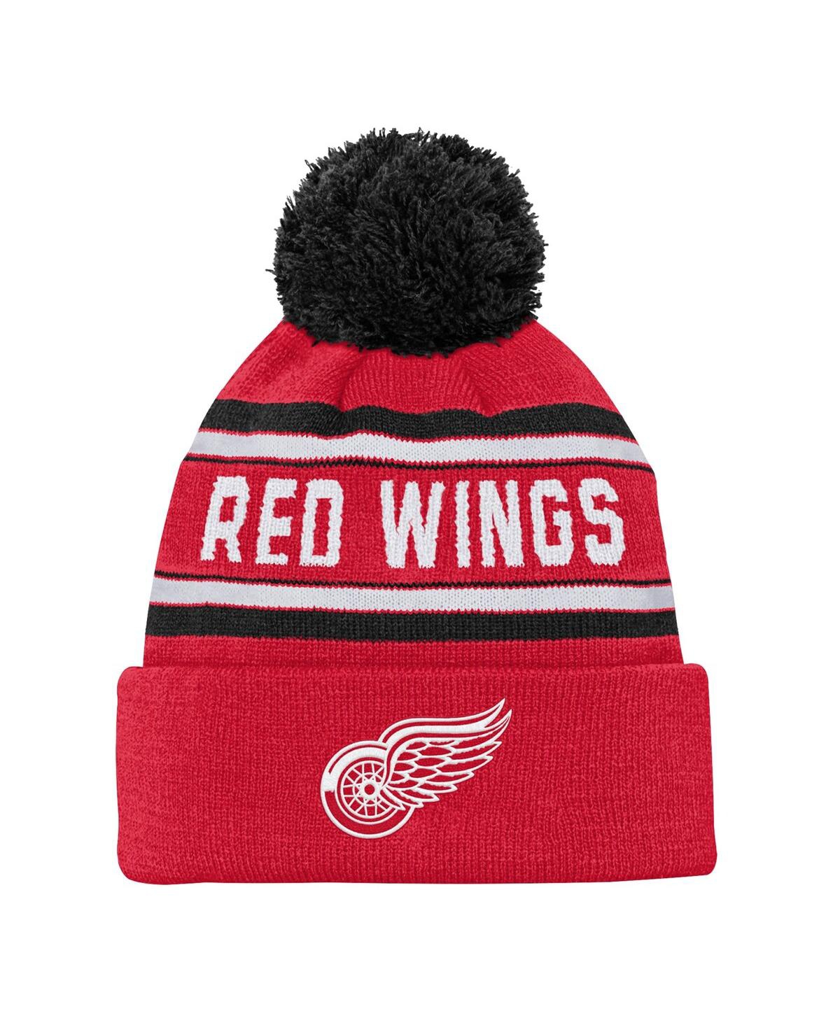Outerstuff Youth Boys And Girls Detroit Red Wings Red Jacquard Cuffed Knit Hat With Pom In Red
