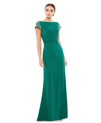 mac duggal beaded cap sleeve column midi dress Green Beaded Cap Sleeve Sheath Midi Dress