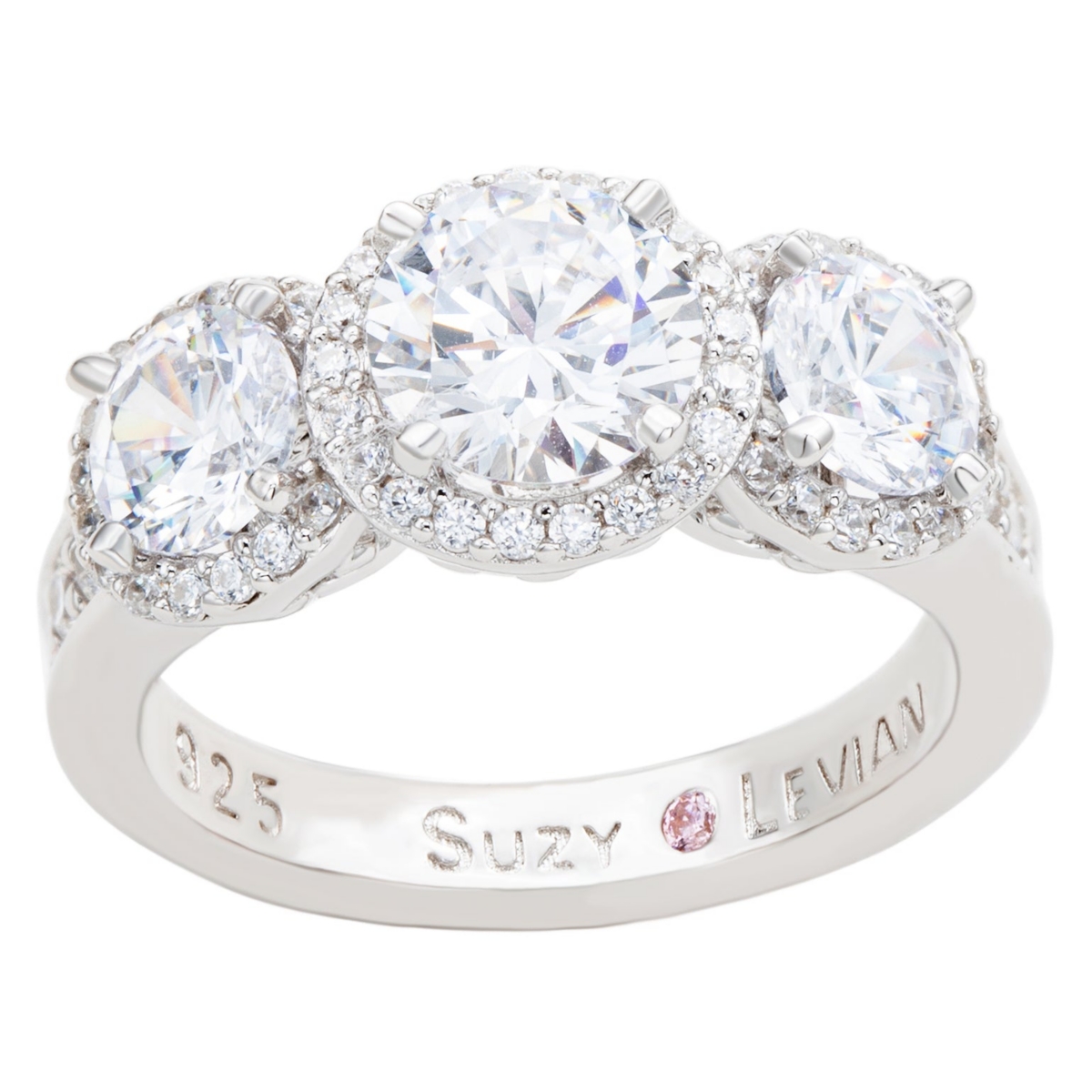 Suzy Levian New York Suzy Levian Sterling Silver Cubic Zirconia White Three Stones Halo Center Stone Ring