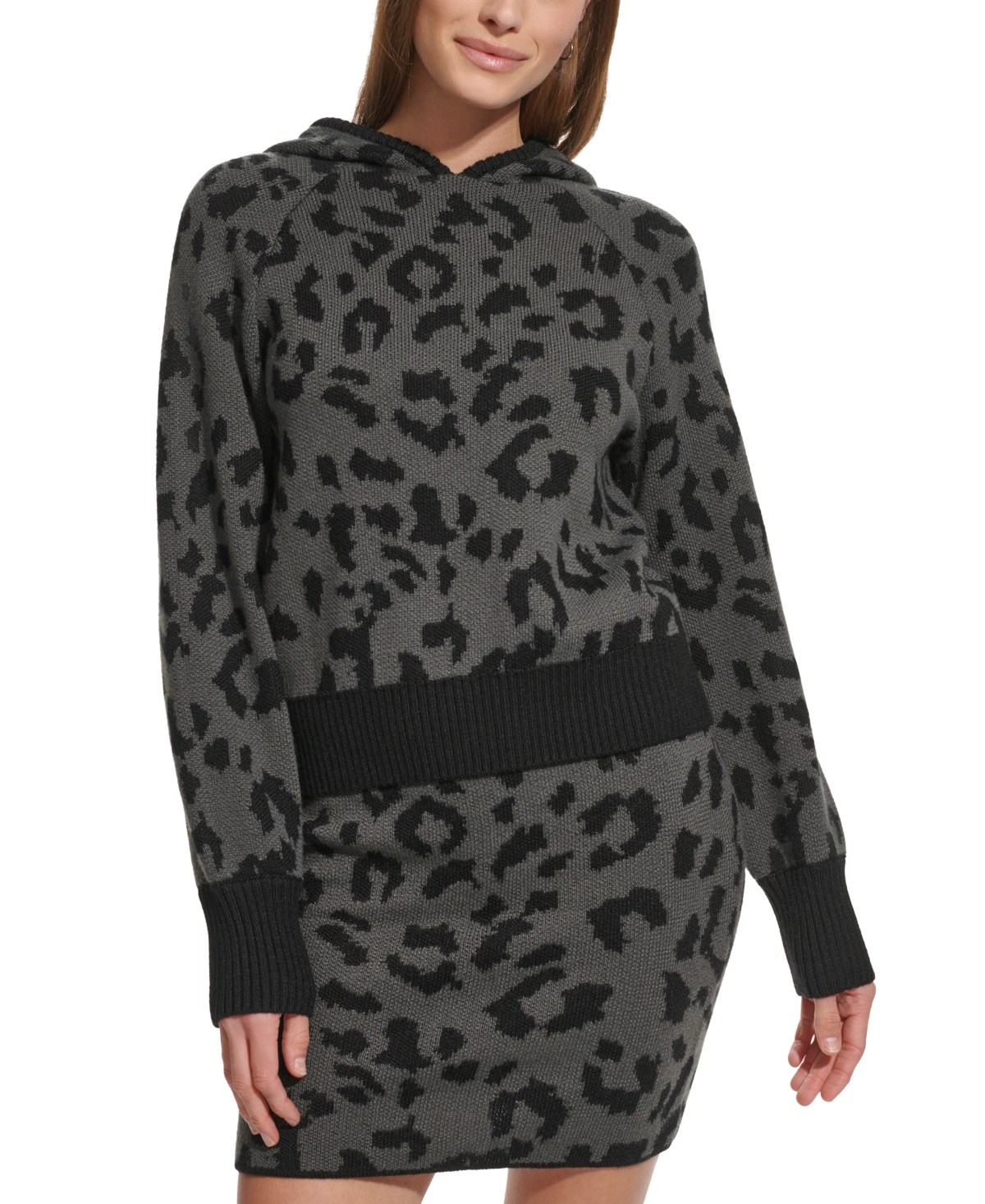Women's Hooded Animal-Print Pullover Sweater - Granite/black