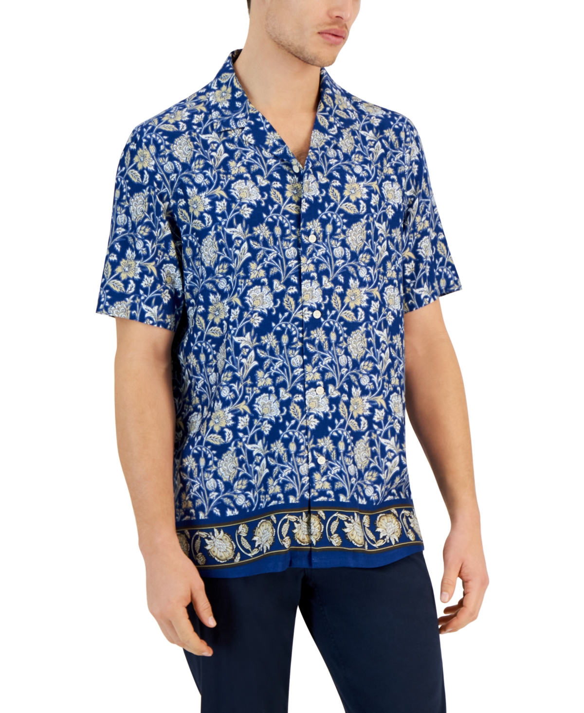 Club Room Men's Aretta Regular-fit Floral-print Button-down Camp Shirt, Created For Macy's In Navy Crush
