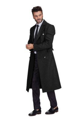 Men's Double-Breasted Knee Length Wool Blend Three Button Long Overcoat Top Coat