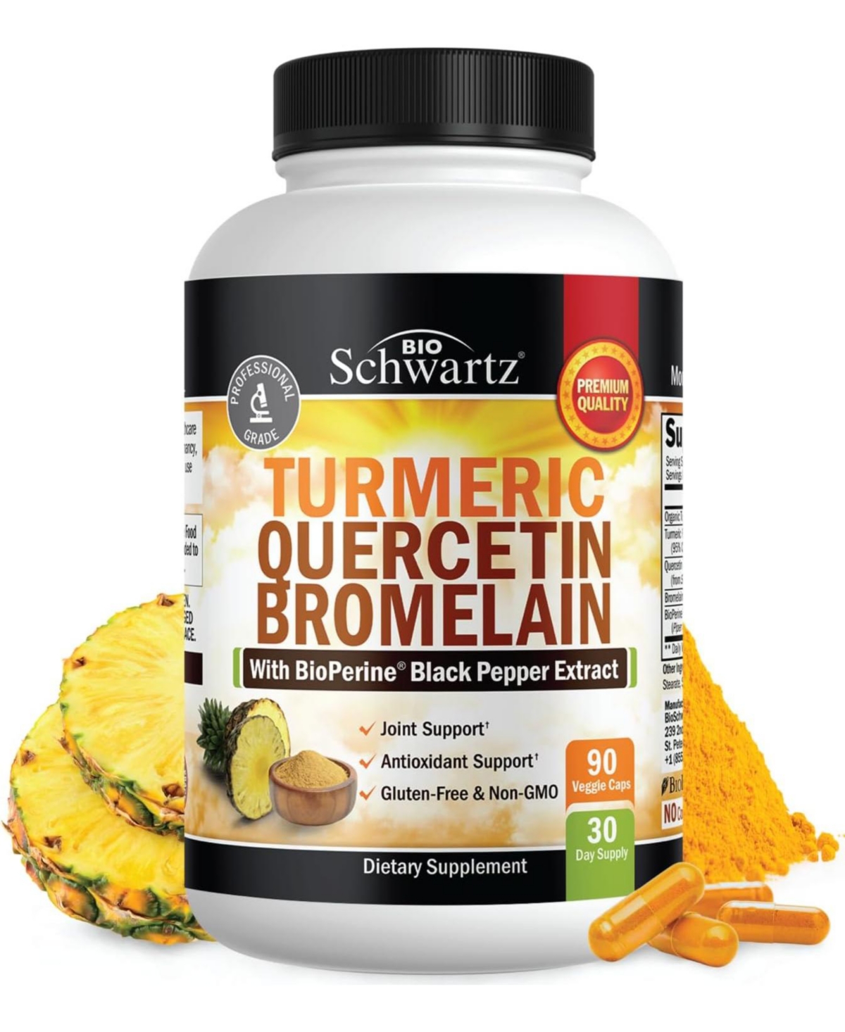 Turmeric Curcumin with BioPerine, Quercetin, Bromelain - Organic Turmeric Supplement - Immune & Joint Support, 90ct
