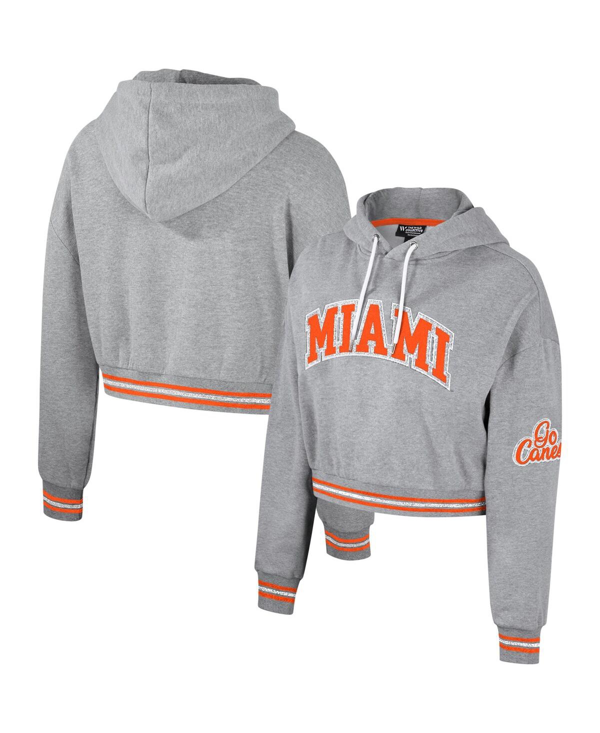 Women's The Wild Collective Heather Gray Distressed Miami Hurricanes Cropped Shimmer Pullover Hoodie - Heather Gray