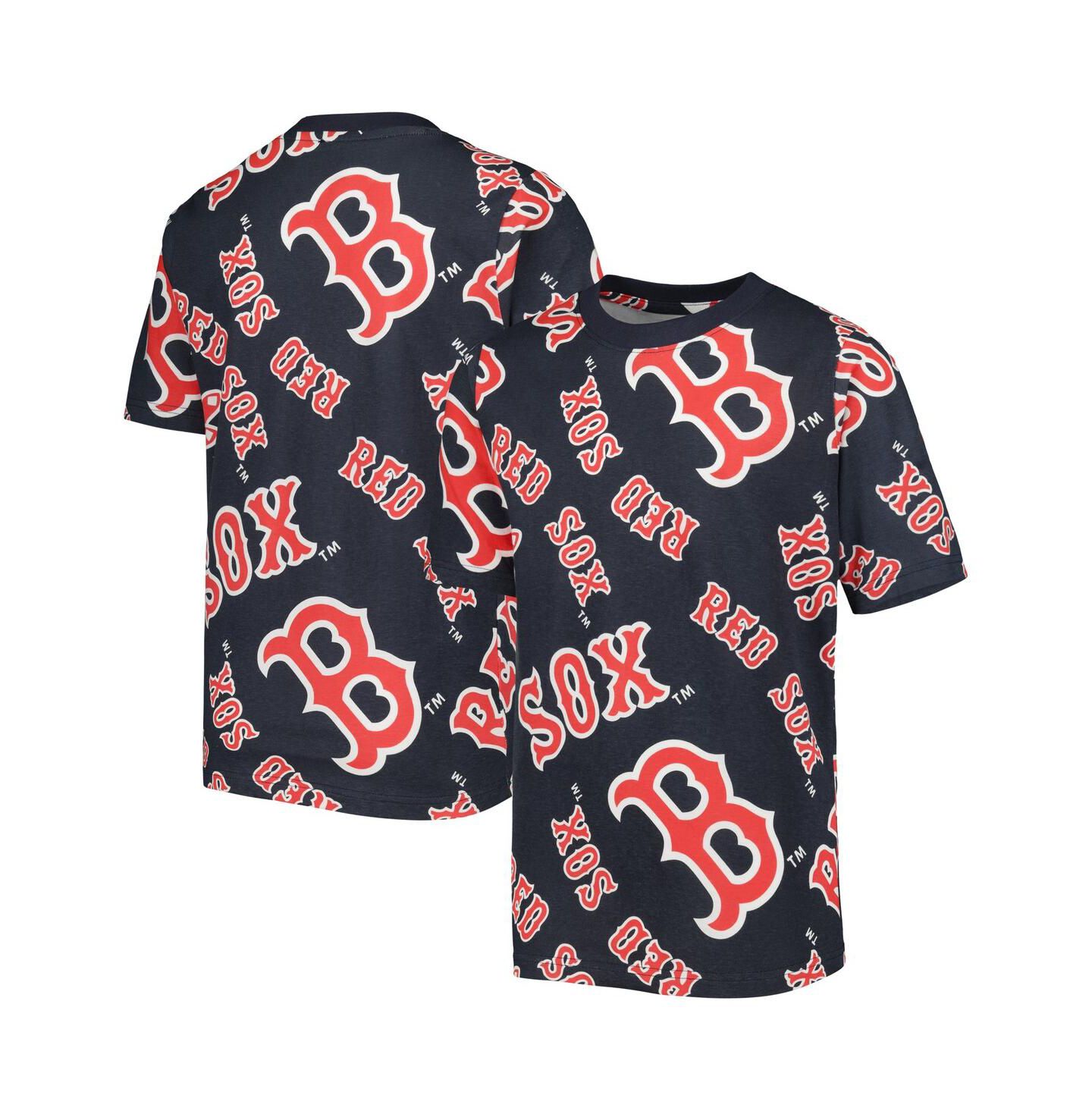 Футболка Stitches Navy Boston Red Sox Allover Team для мальчиков — фото 1