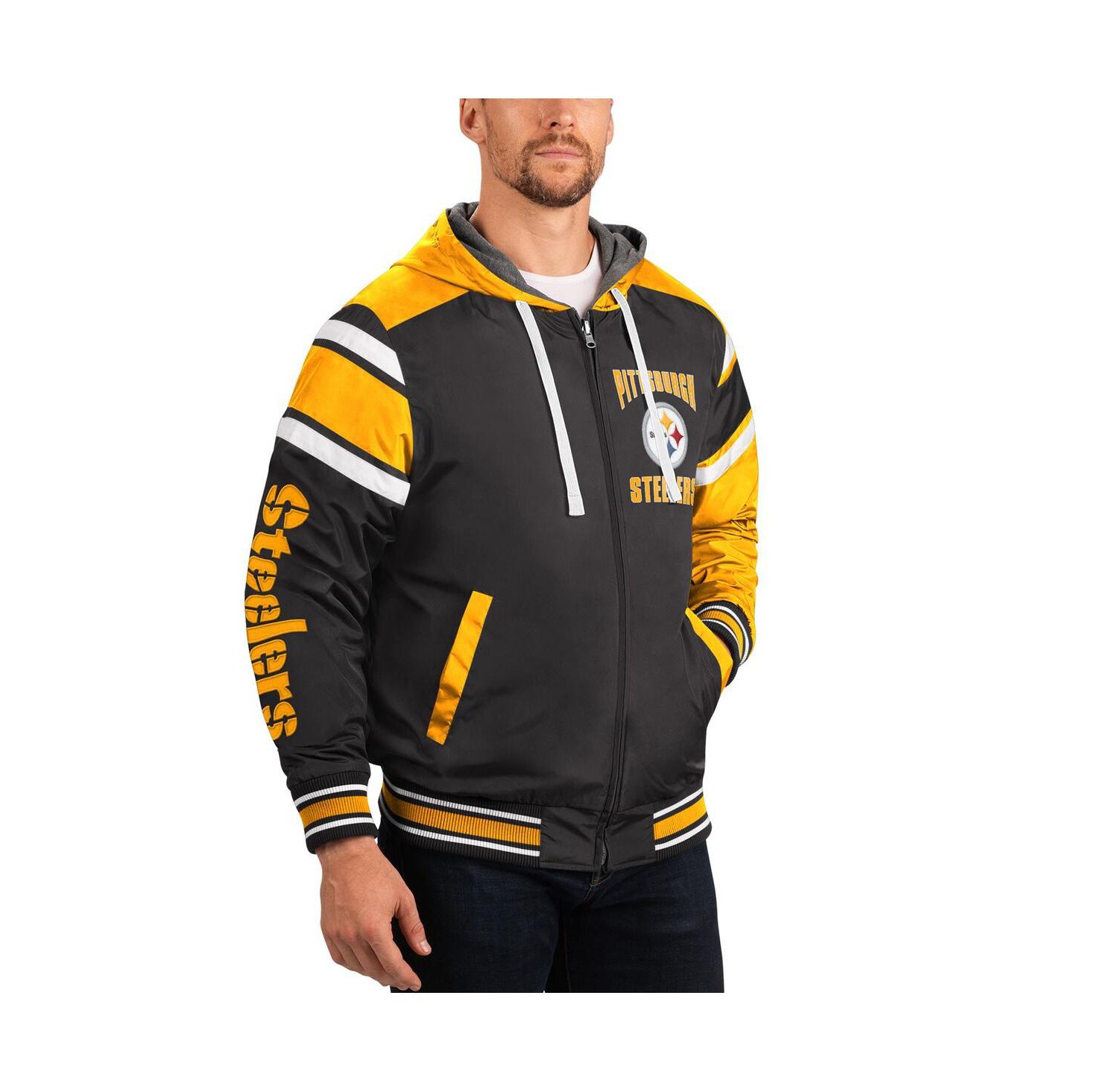 Men's Black, Gray Pittsburgh Steelers Extreme Full Back Reversible Hoodie Full-Zip Jacket