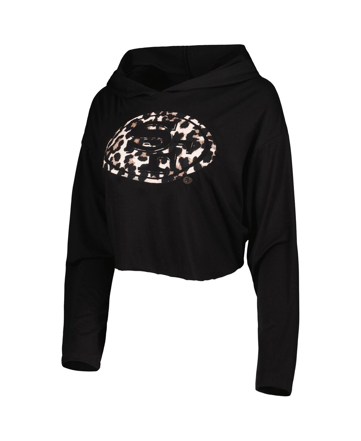 Shop Majestic Women's  Threads Black San Francisco 49ers Leopard Cropped Pullover Hoodie