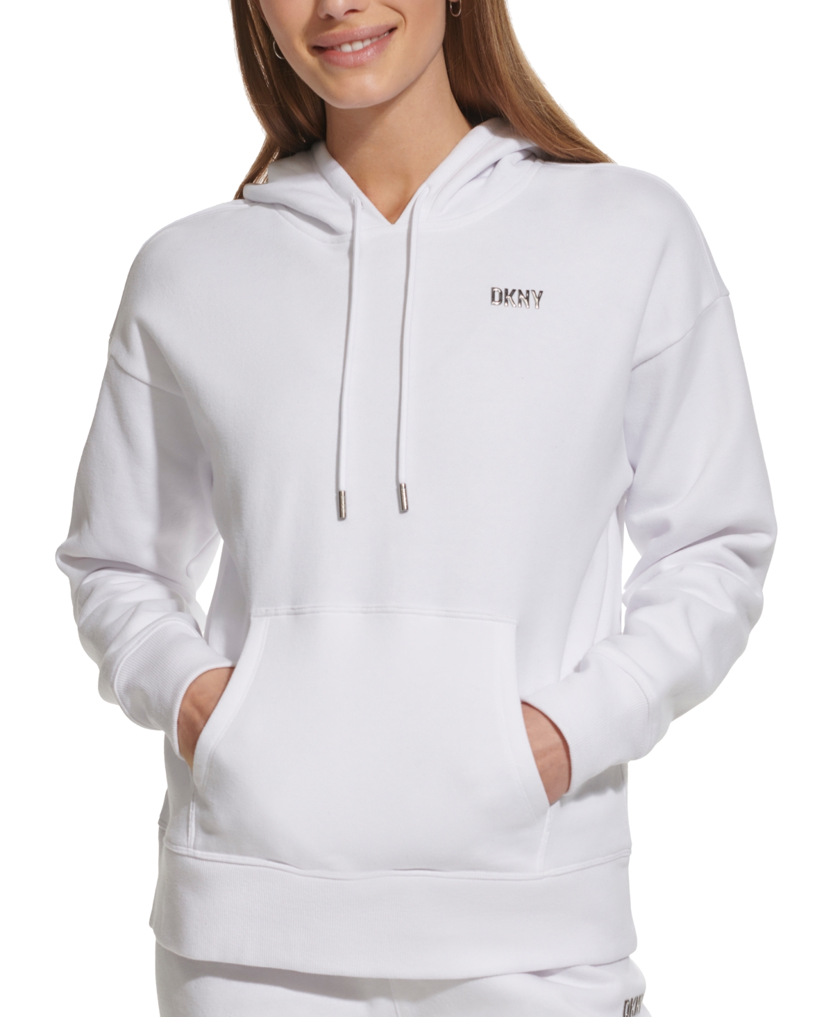 Dkny Sport Women's Metallic Logo Fleece Hoodie In White,silver