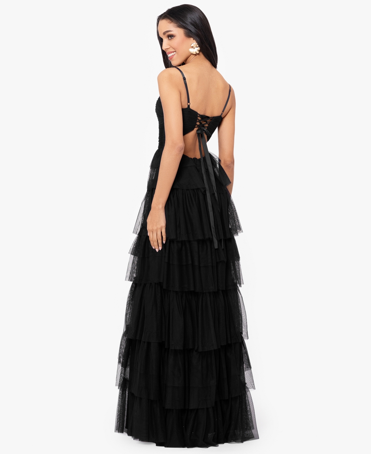 Shop Blondie Nites Juniors' Tiered-mesh Cut-out Dress In Black