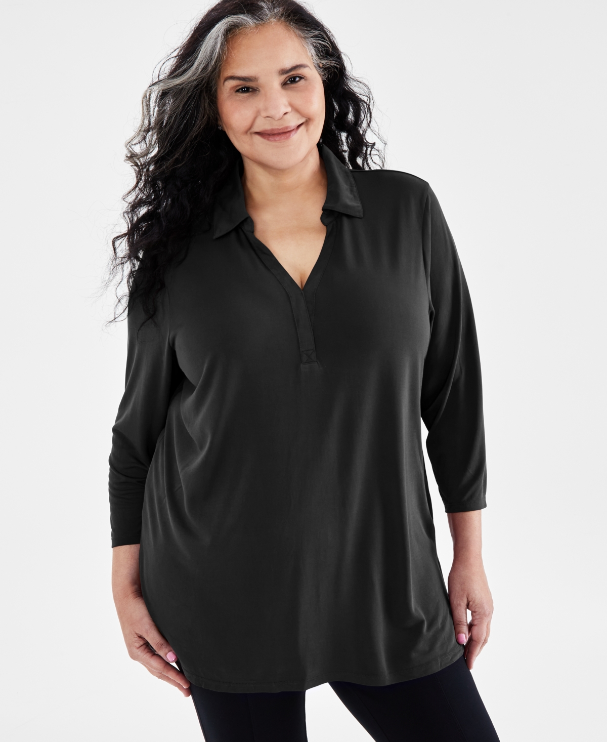Style & Co Plus Size Johnny-collar Knit Tunic Top, Created For Macy's In Deep Black