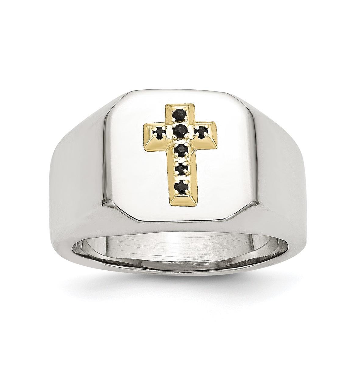 Stainless Steel 14k Gold Accent Sapphire Cross Signet Ring - White