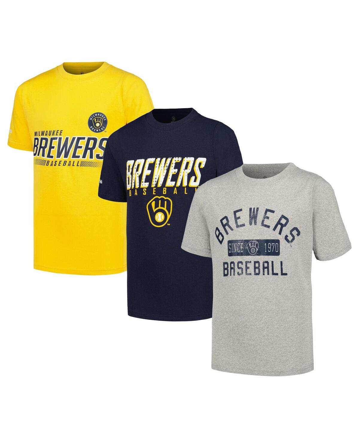 Shop Stitches Big Boys  Heather Gray, Navy, Gold Distressed Milwaukee Brewers Three-pack T-shirt Set In Heather Gray,navy,gold