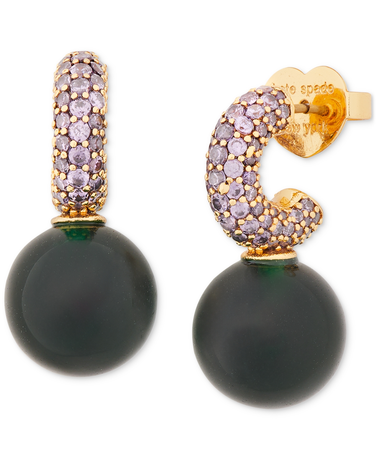 Kate Spade Gold-tone Imitation Pearl Charm Pave Huggie Hoop Earrings In Green Mult