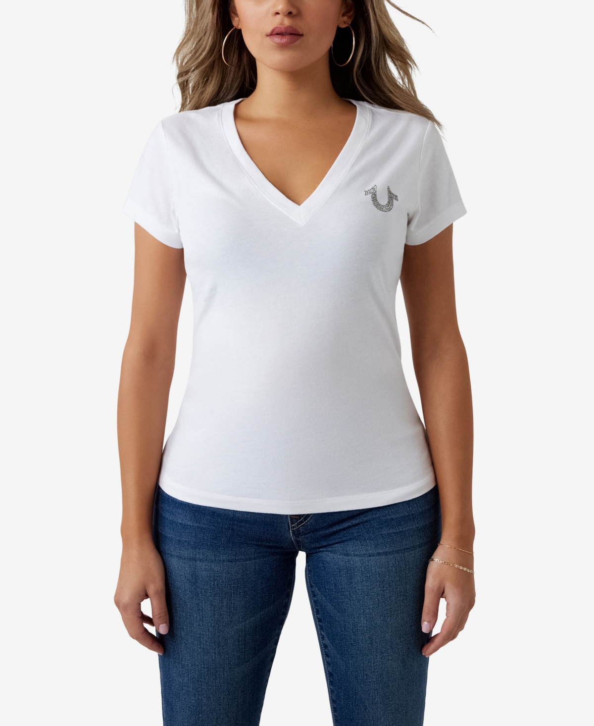 Shop True Religion Women's Short Sleeve Crystal Buddha Slim V-neck T-shirt In Optic White