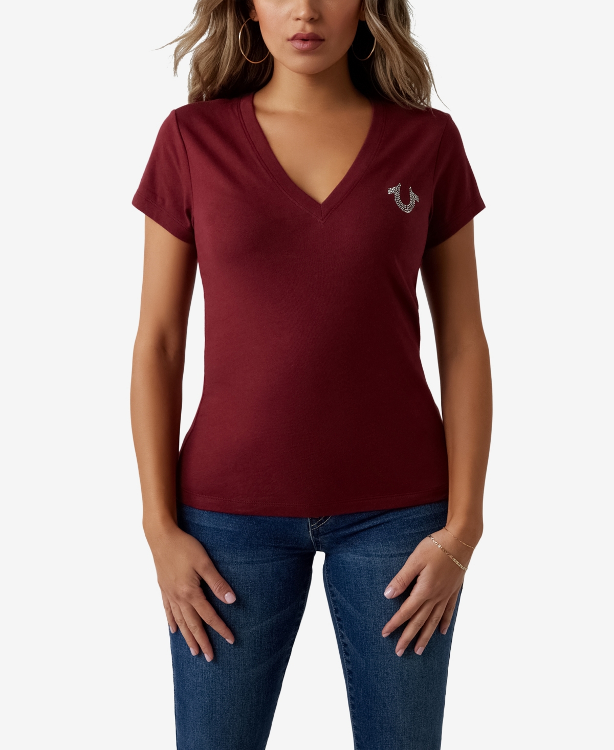 Women's Short Sleeve Crystal Buddha Slim V-neck T-shirt - Cabernet