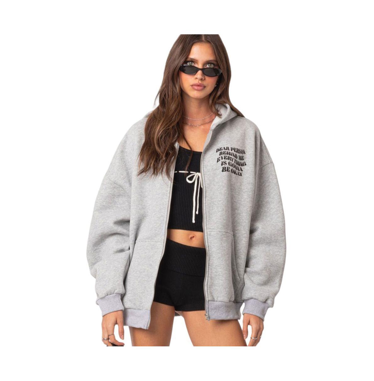 Women's Everything's ok zip up oversized hoodie - Gray-melange