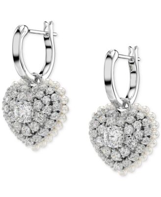 Rhodium-Plated Crystal & Imitation Pearl Heart Charm Hoop Earrings