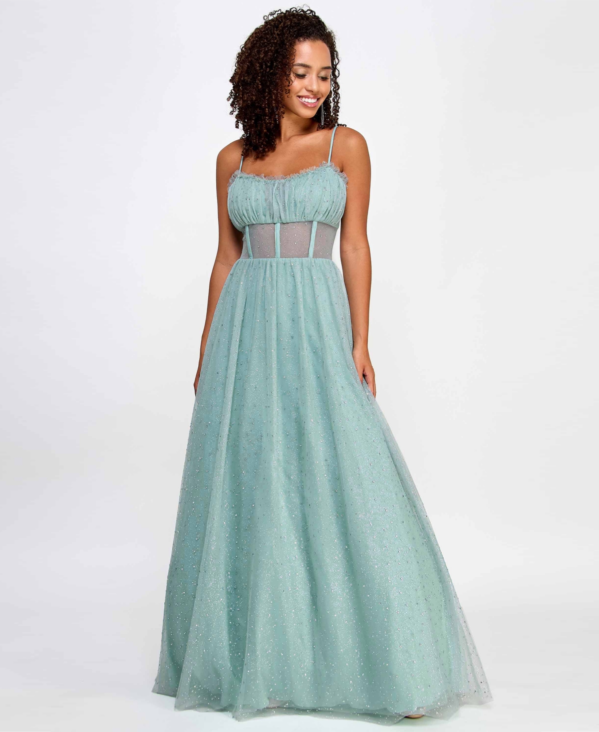 Juniors' Rhinestone-Embellished Mesh-Waist Gown, Created for Macy's - Seagreen