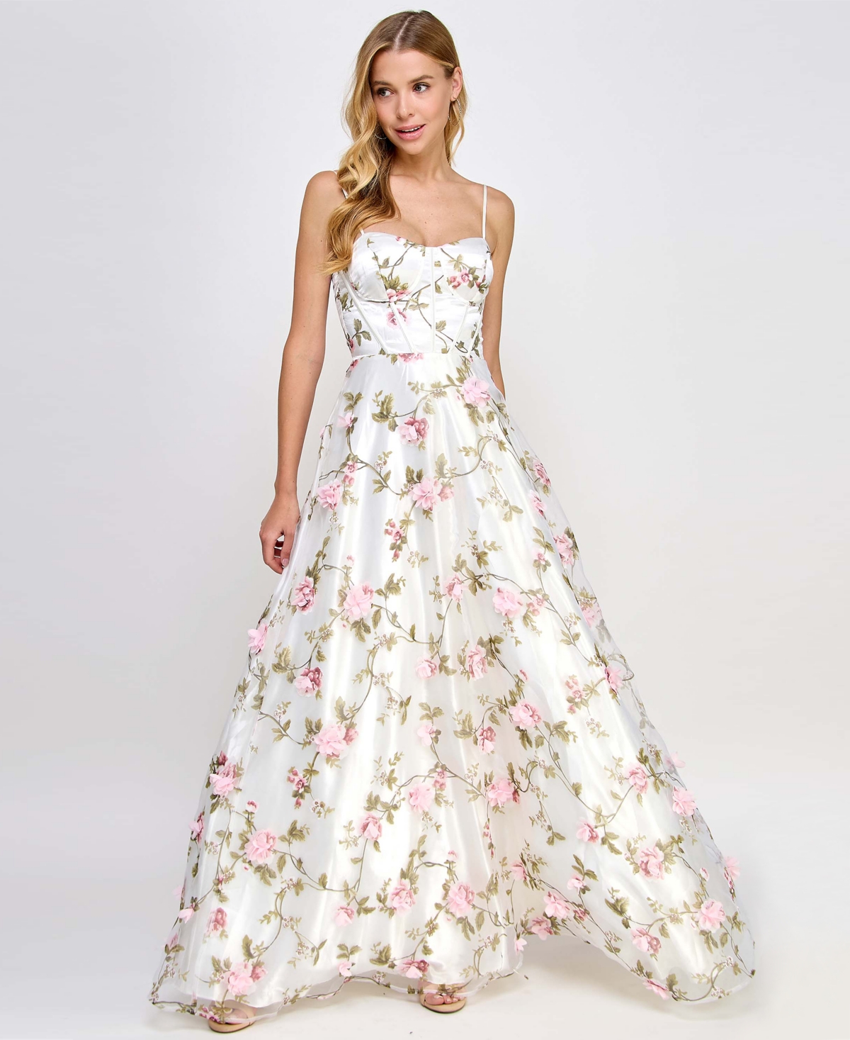 Say Yes Juniors' 3d Floral Embellished Ball Gown, Created For Macy's In Ivory,pink