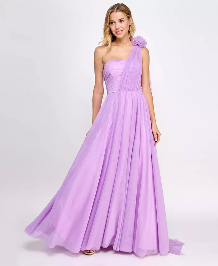Juniors' Rosette One-Shoulder Ruched-Bodice Flyaway Gown, Created for Macy's