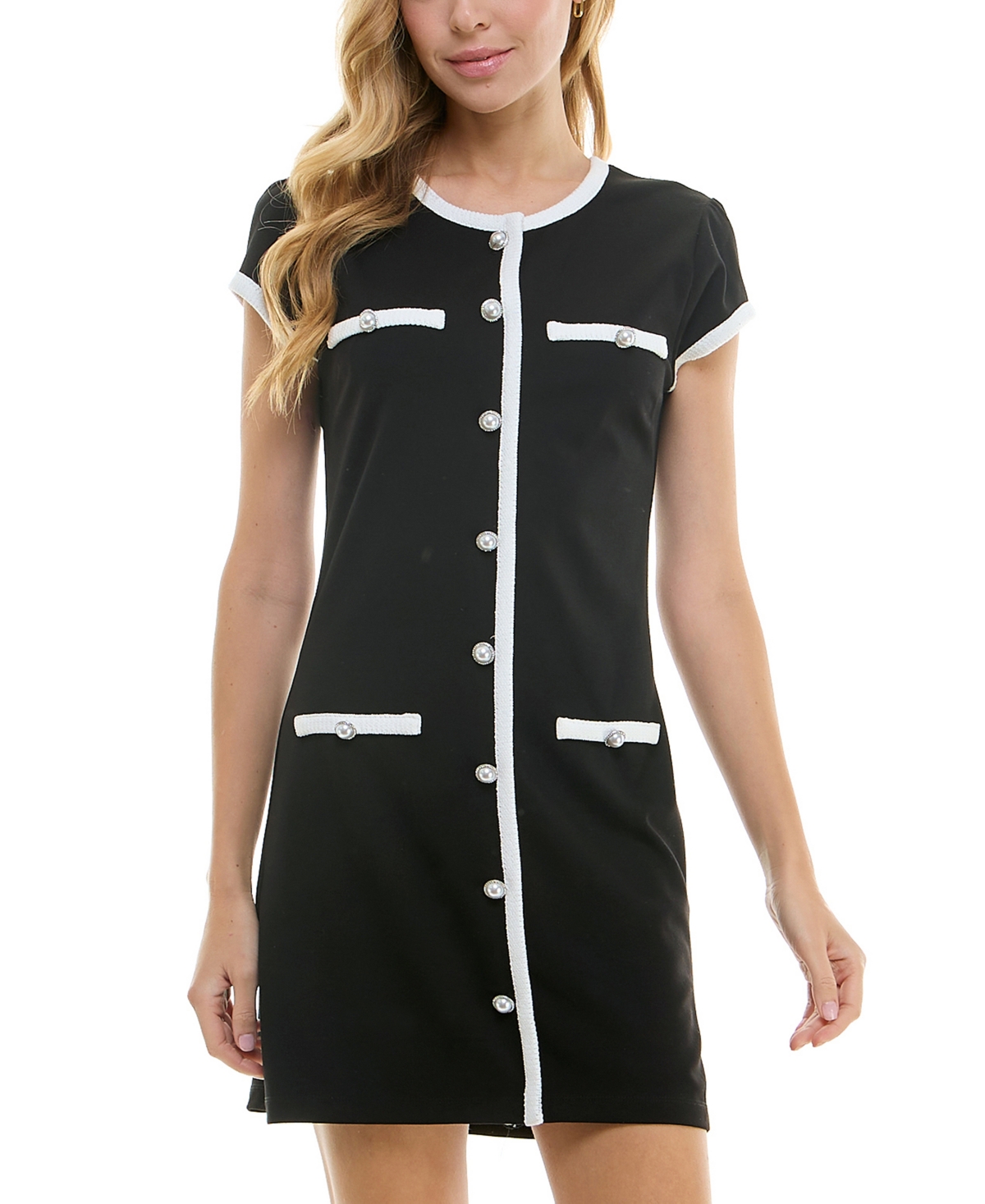 City Studios Juniors' Cap-sleeve Button-front Shift Dress In Black,ivory
