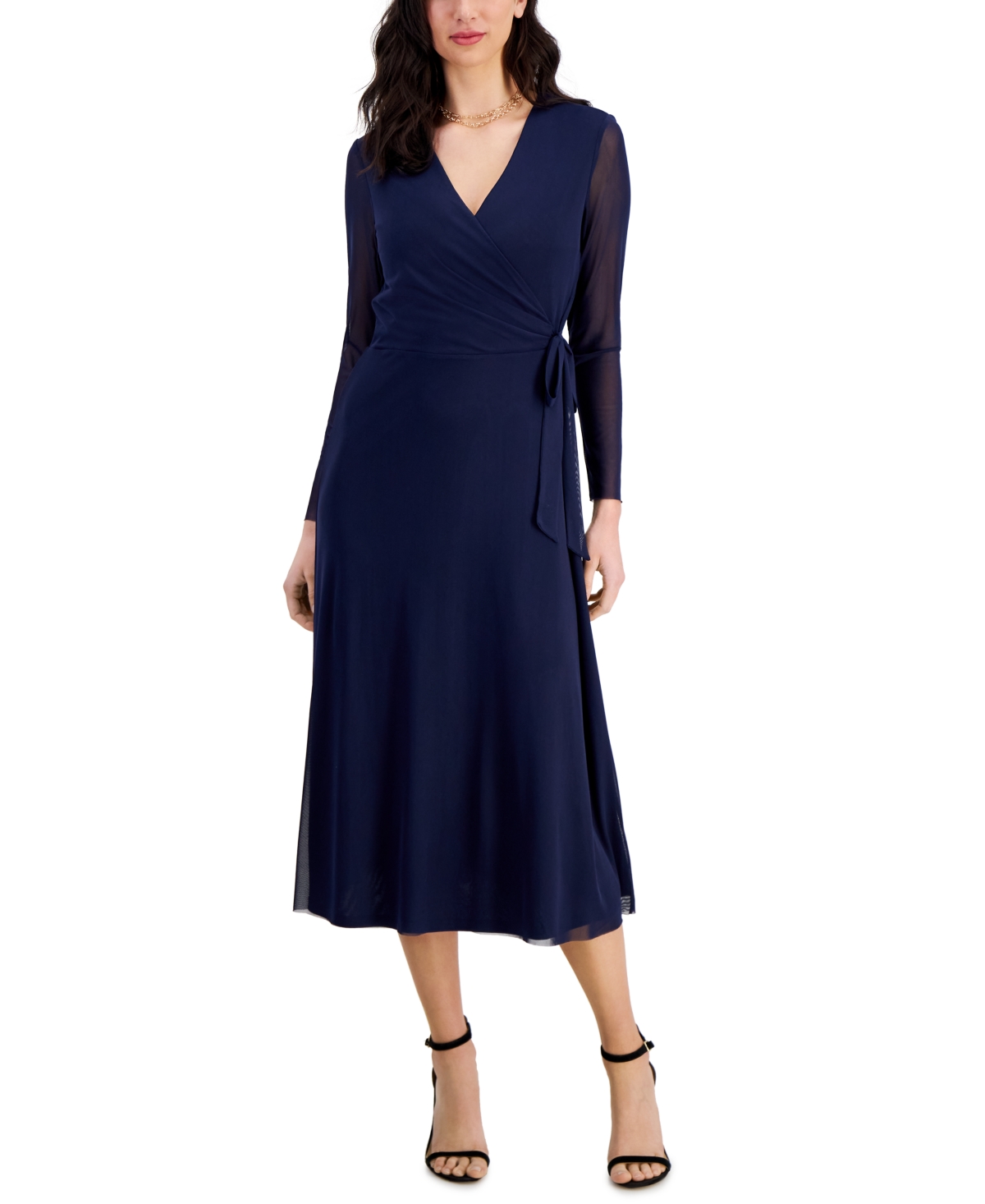 Shop Anne Klein Women's Faux-wrap Mesh-sleeve Midi Dress In Midnight Navy