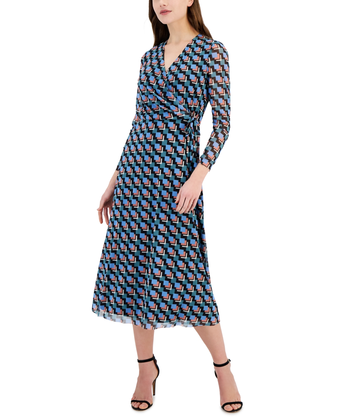 Shop Anne Klein Women's Printed Faux-wrap Midi Dress In Anne Black,cape Blue